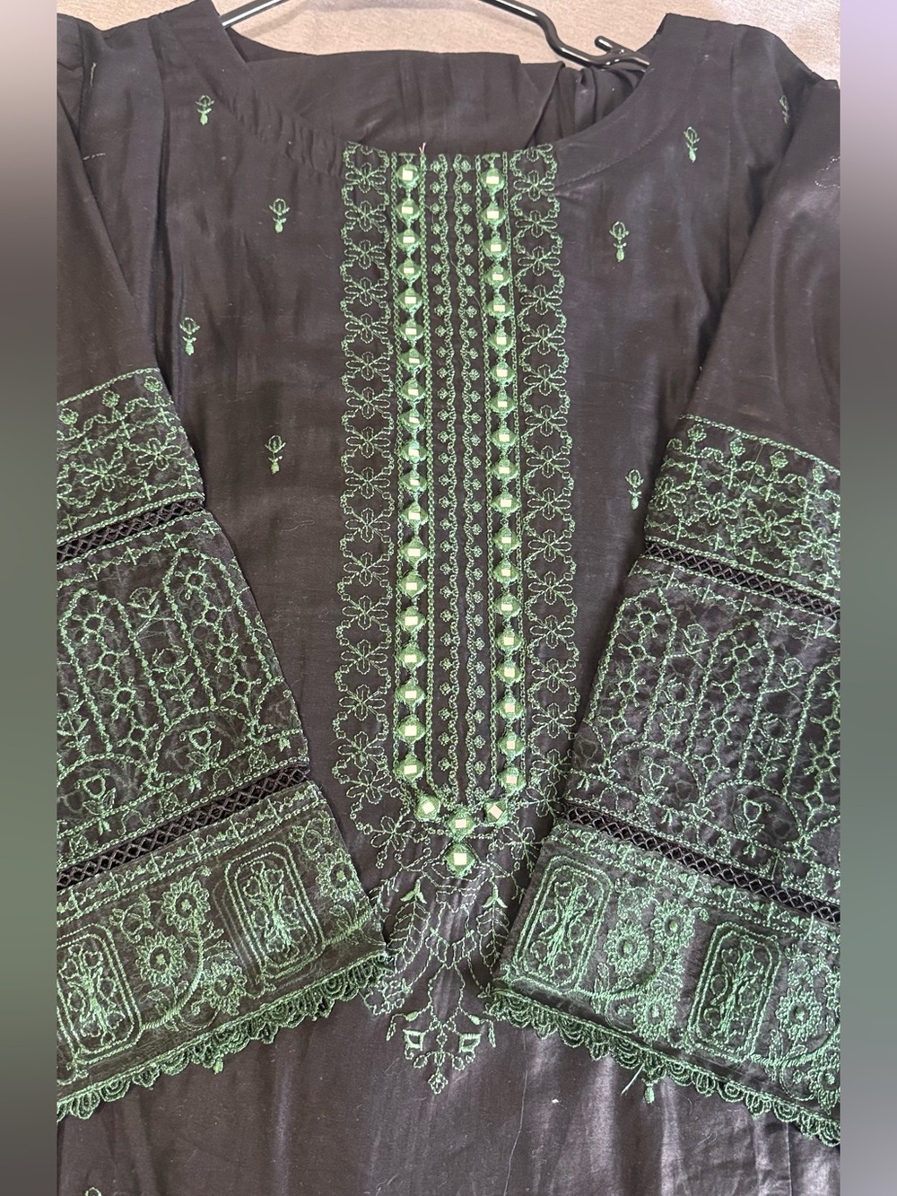 Pakistani Indian Women’s 3-Piece Embroidered Black with Green Thread